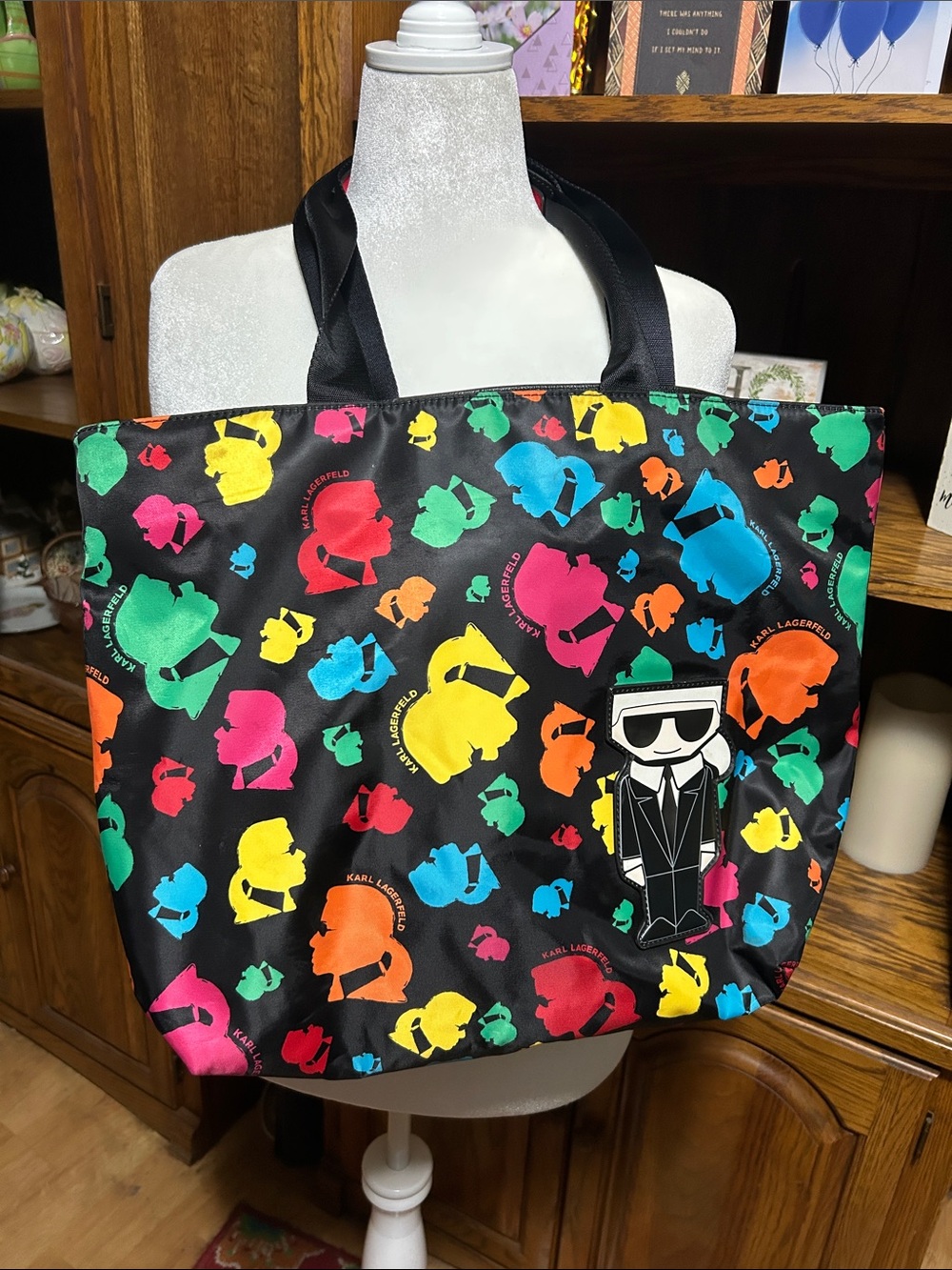 Karl Lagerfeld Black Tote with Multicolor Icons and Karl Patch